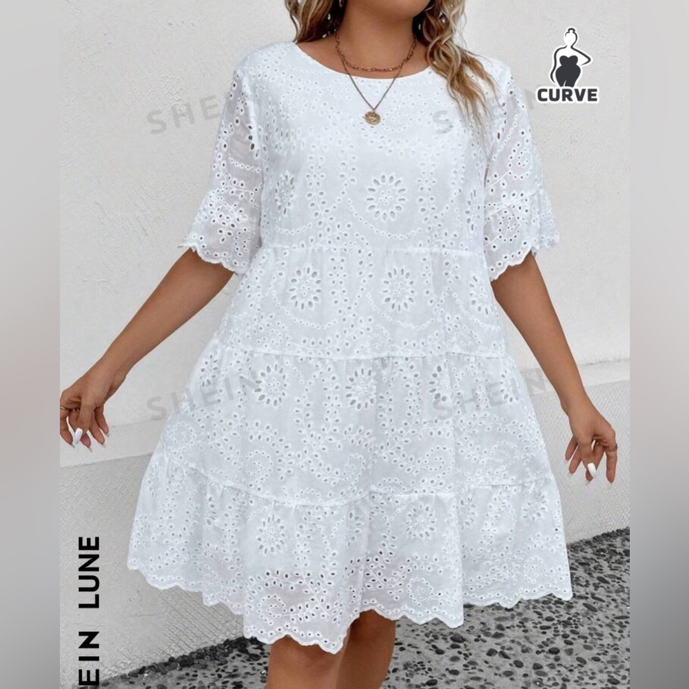 SHEIN LUNE Plus Eyelet Embroidery Ruffle Hem Smock Dress - Picture 4 of 10